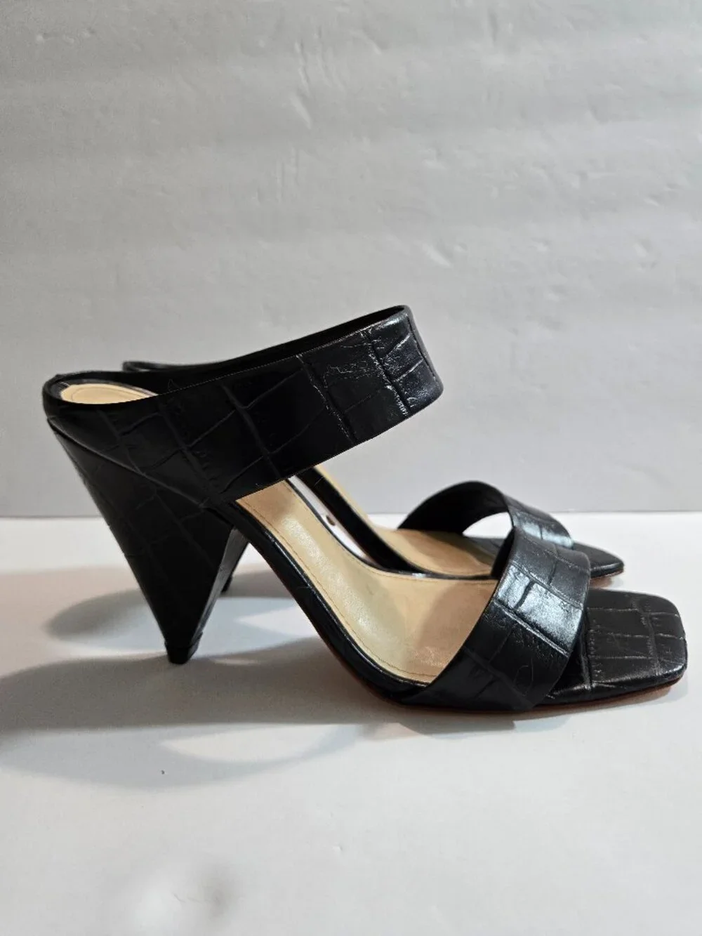 RAYE Black Gaze Croc-Embossed Double Strap Square Toe Slide Heels Size 8